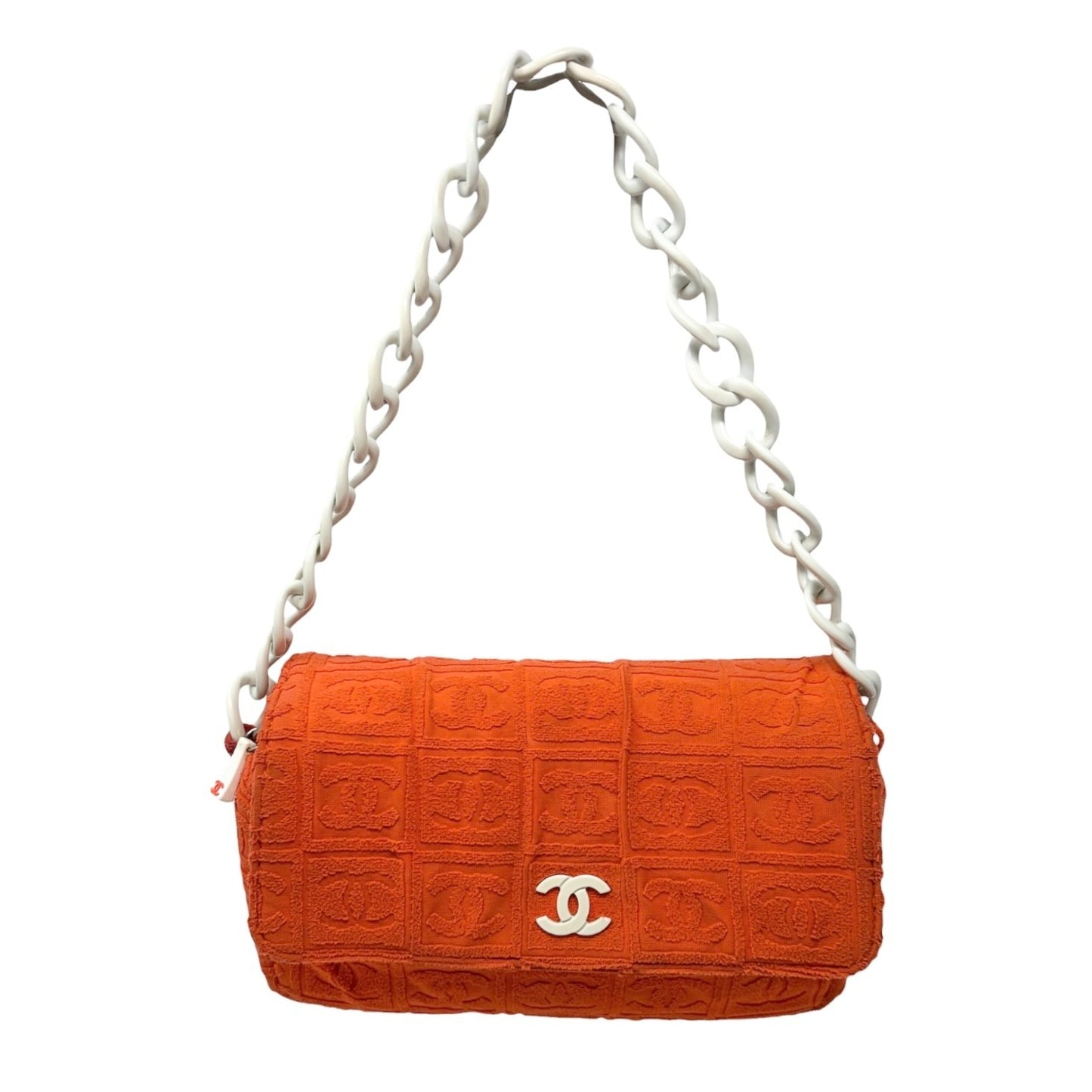CHANEL Vintage 02S CC Logo Chain Shoulder Bag Terry Cloth Orange White 901896