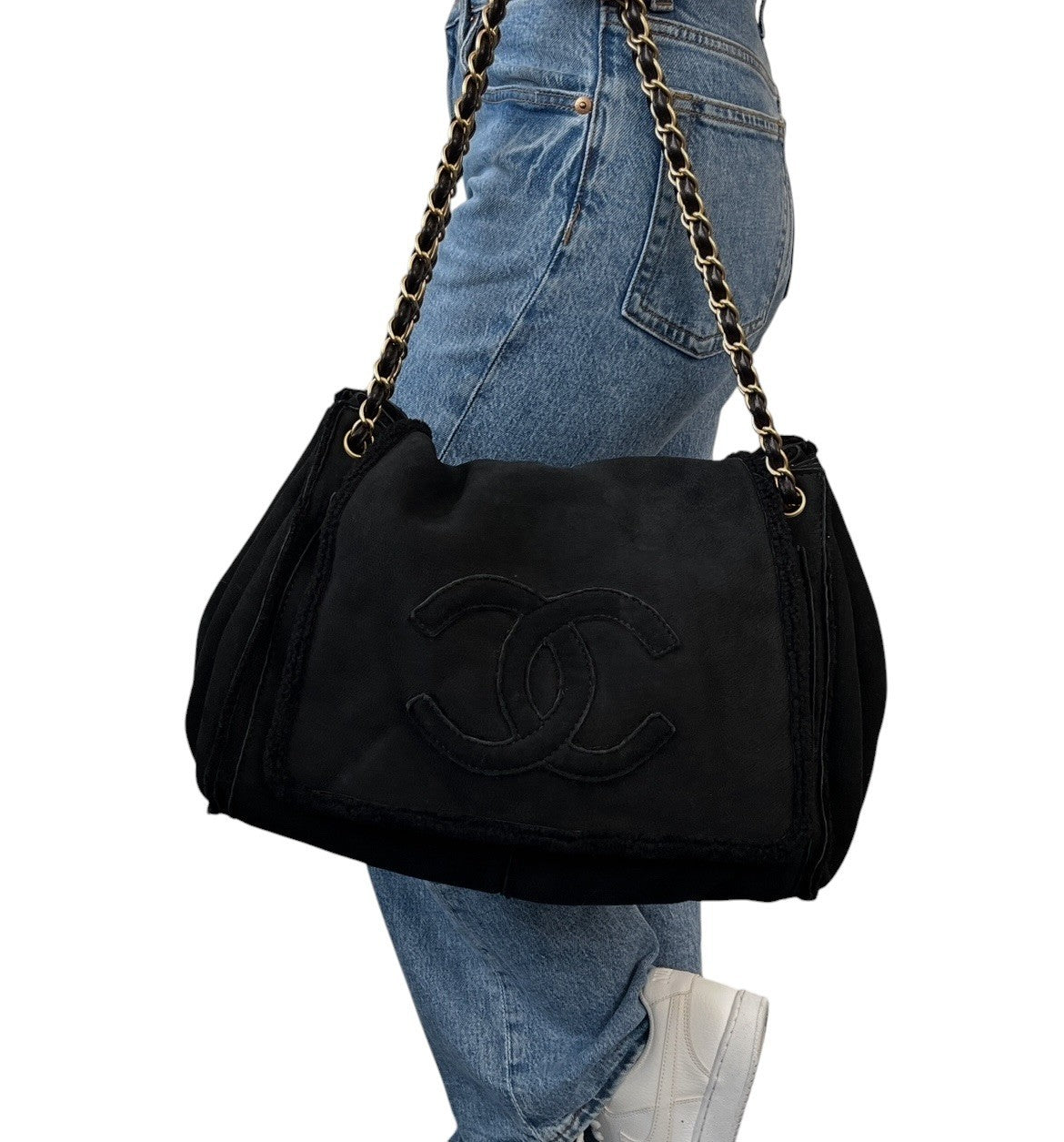 CHANEL Vintage CC Big Logo Shearling Chain Shoulder Bag Black Gold Suede Mouton