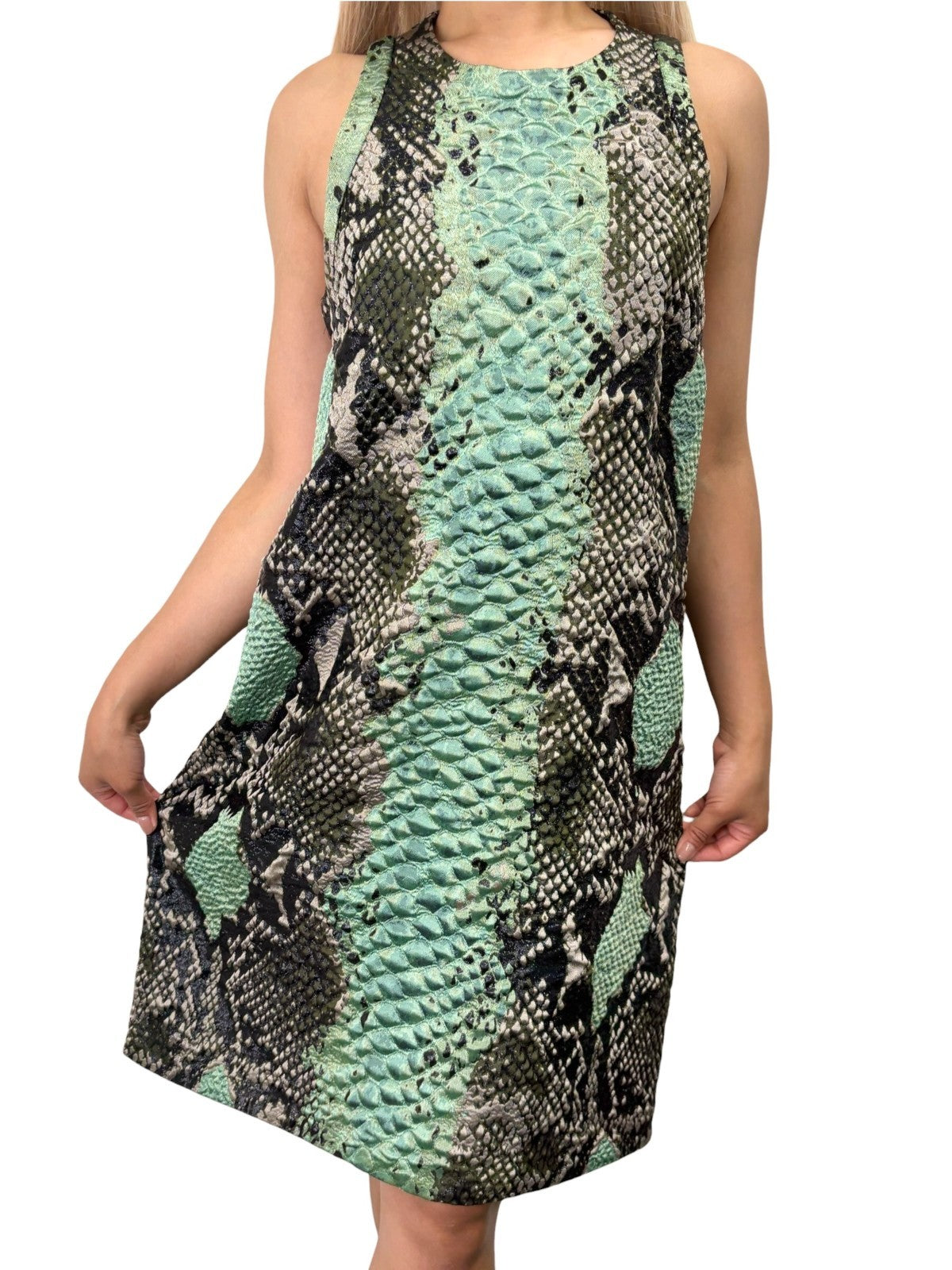GUCCI Vintage Python Print Textured Dress Sleeveless #42 Green Black 902916