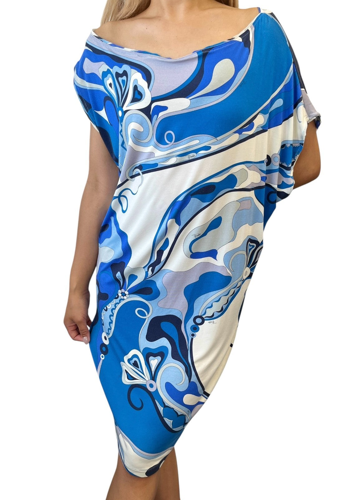 EMILIO PUCCI Vintage Logo Multicolor Dress #42 Blue White Cotton Rayon Silk