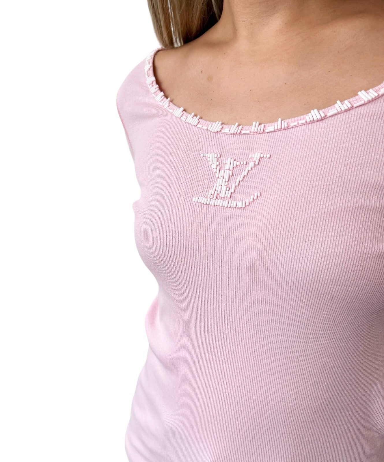 LOUIS VUITTON Vintage LV Logo 3/4 Sleeve Top #M Pink White Cotton Beads