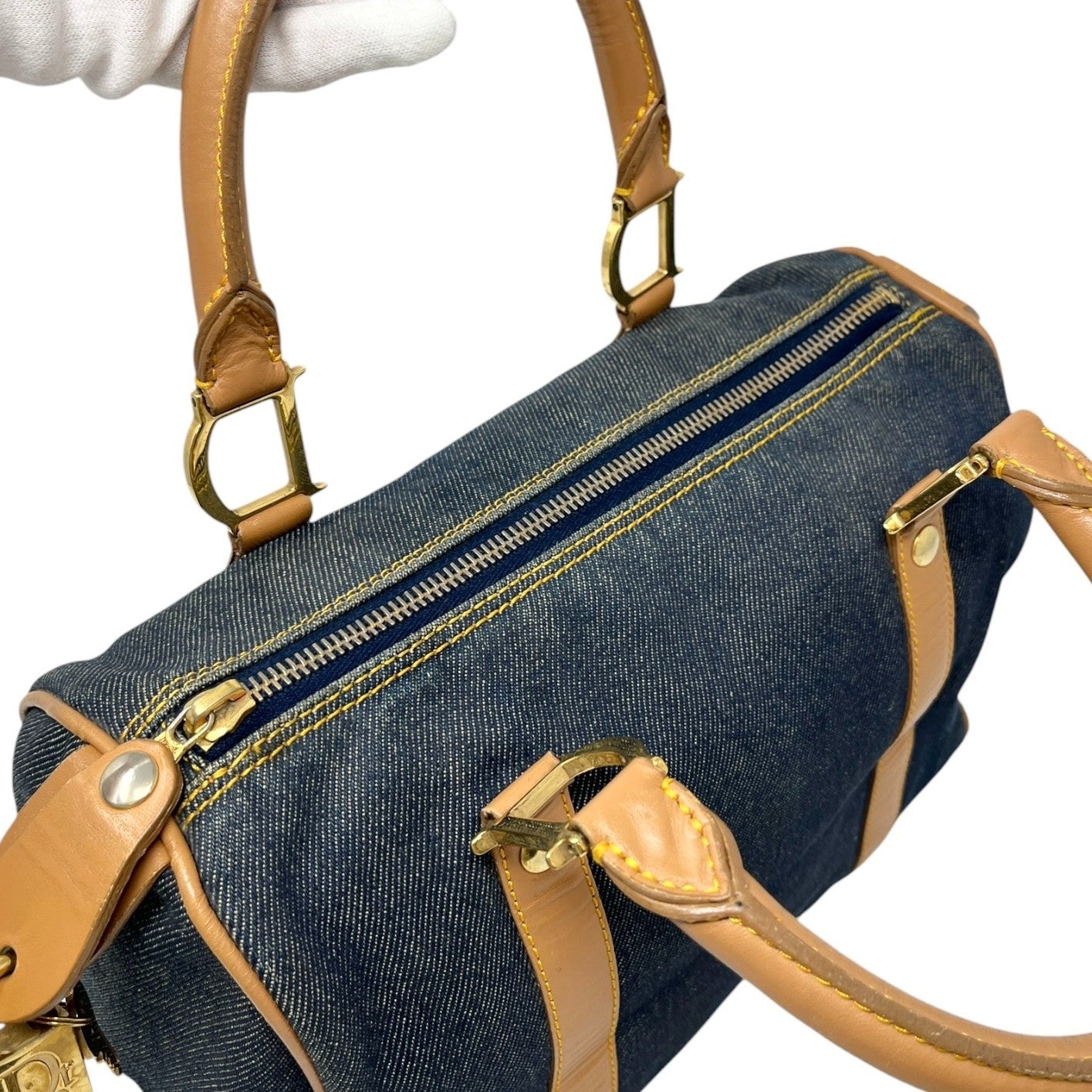 Christian Dior Vintage 2002 D Charm Denim Mini Boston Bag Blue Beige Gold 902586