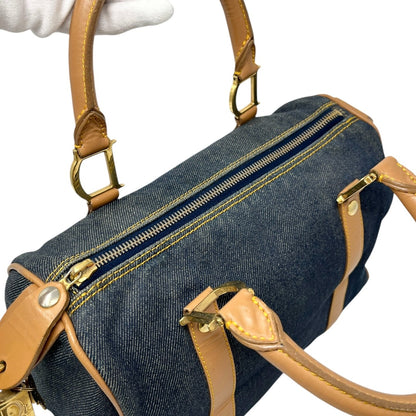 Christian Dior Vintage 2002 D Charm Denim Mini Boston Bag Blue Beige Gold 902586