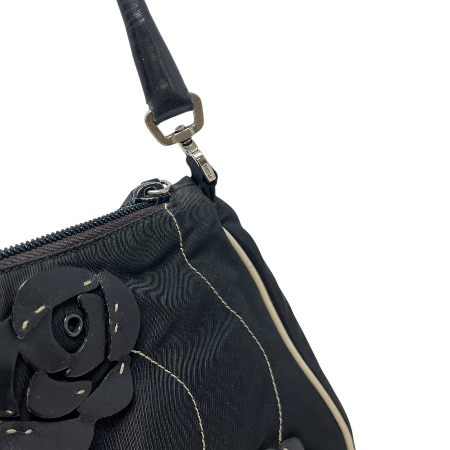 PRADA Vintage Triangle Logo Rose Flower Shoulder Bag Black Nylon Zip 902681
