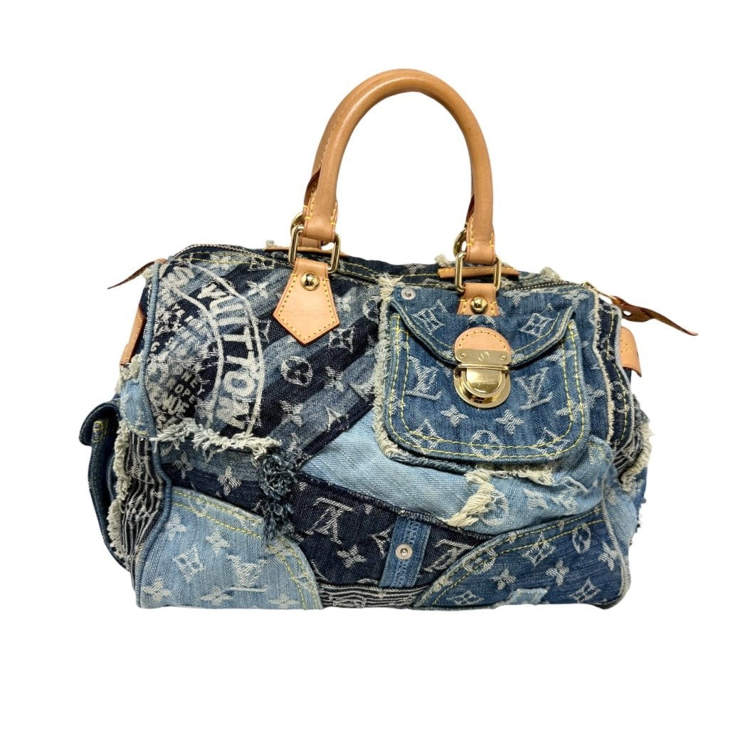 LOUIS VUITTON Vintage Monogram Patchwork Denim Speedy 30 Boston Bag Blue Brown
