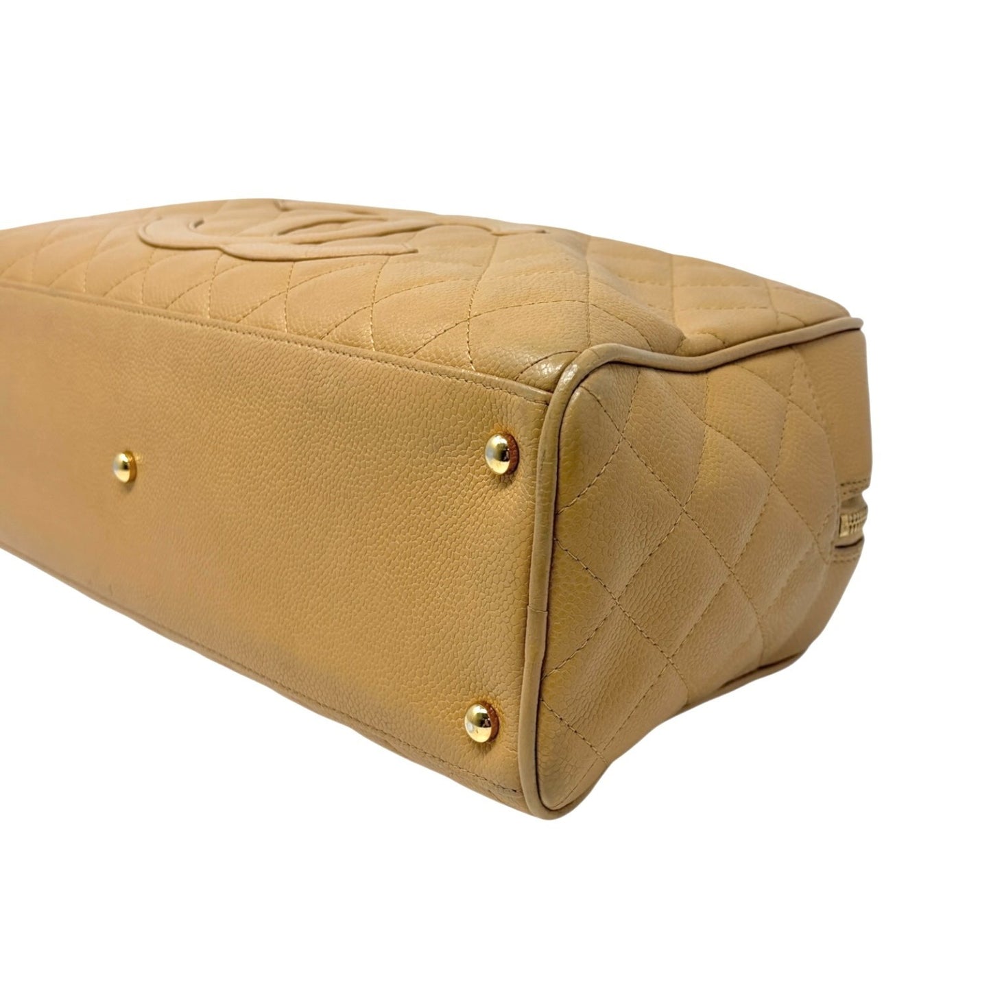 CHANEL Vintage Big CC Logo Quilted Leather Boston Bowling Bag Beige Gold Stitch