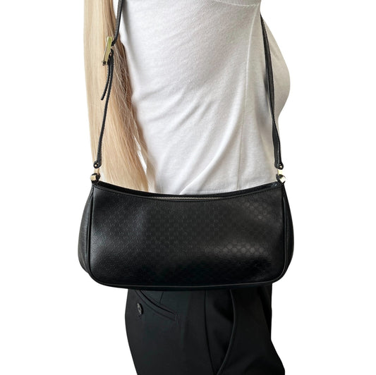 GUCCI Vintage Micro GG Monogram Shoulder Bag Black Silver Leather Zip 902219