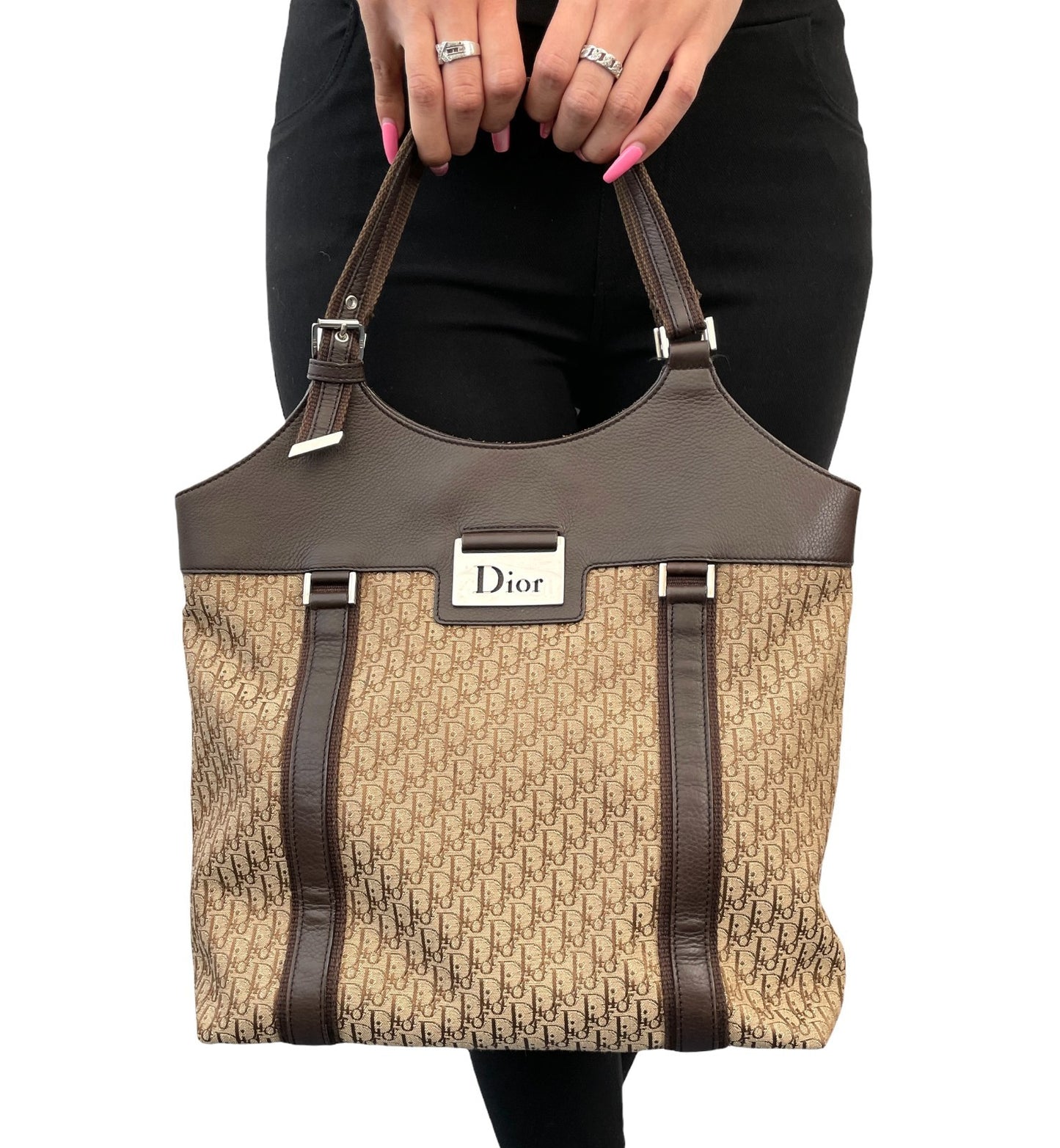 Christian Dior Vintage Trotter Monogram Street Chic Canvas Tote Bag Beige Brown