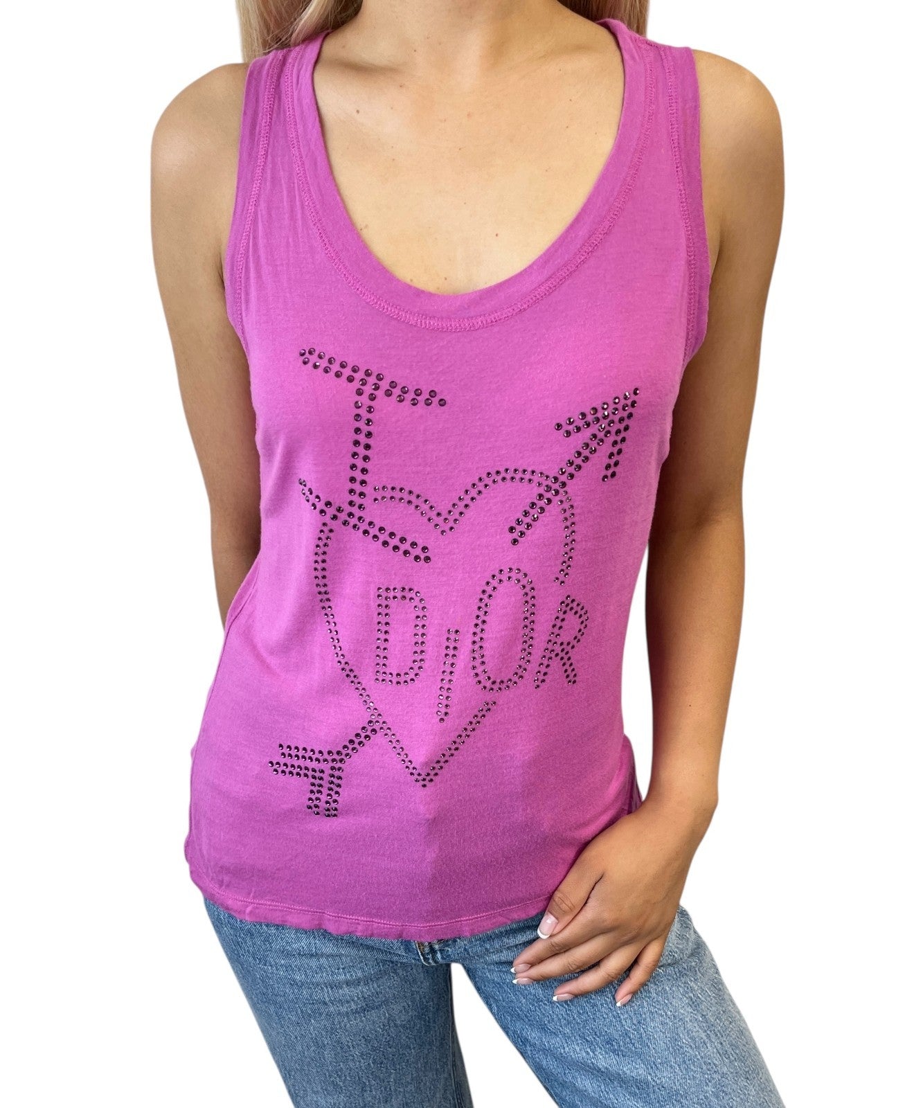 Christian Dior Vintage 2004 Logo Tank Top #36 Rhinestone Pullover Purple Viscose