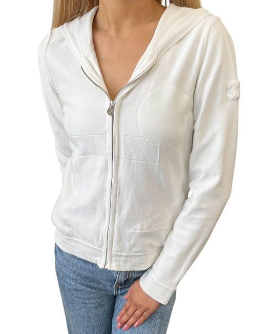 CHANEL Vintage P46188 CC Logo Zipped Hoodie Jacket Top #36 White Silver Cotton