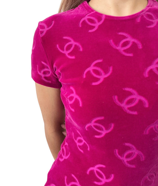 CHANEL Vintage 1996 CC Logo Velour T-shirt #40 Short Sleeve Top Pink Red