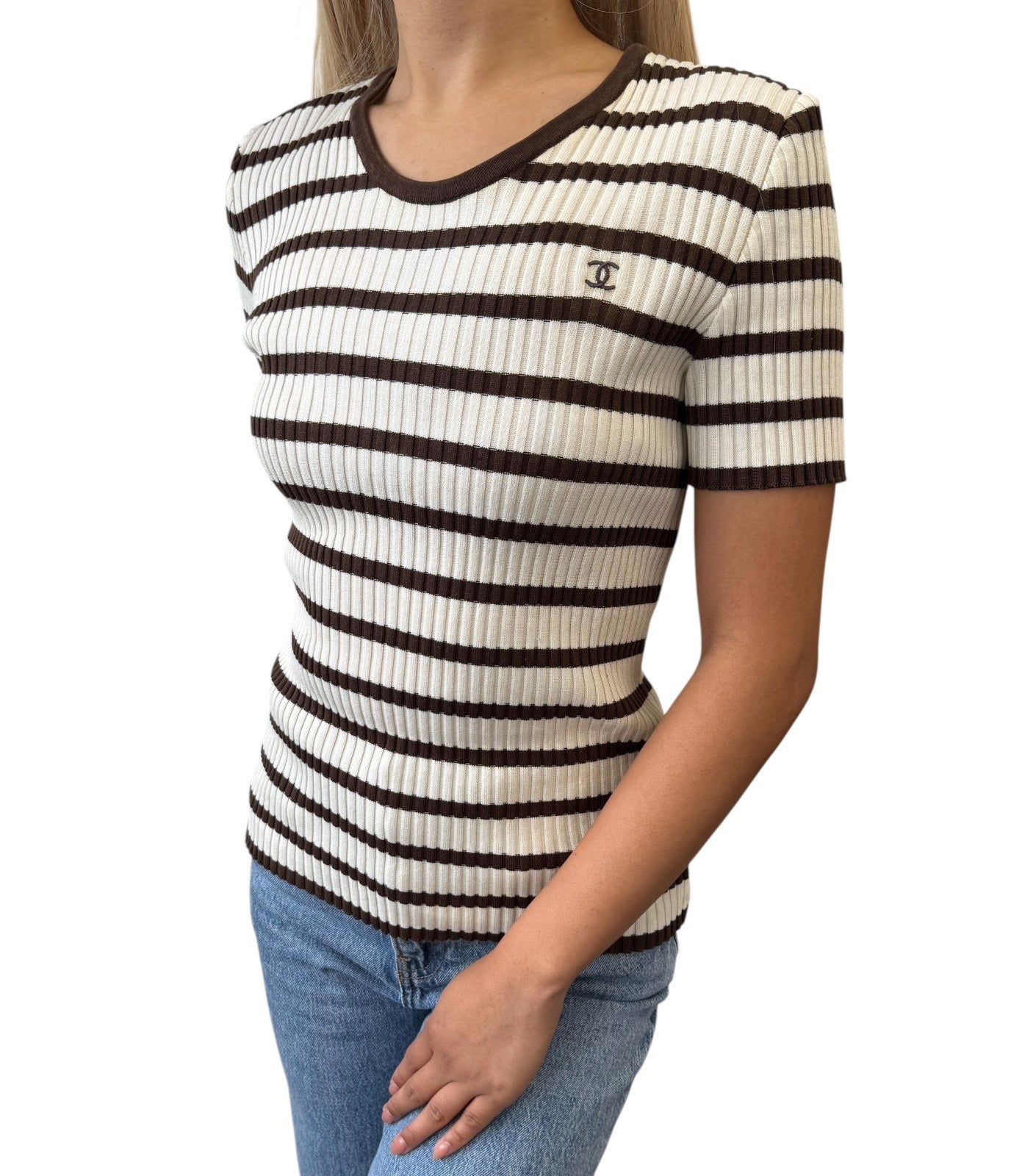 CHANEL Vintage 98P CC Mark Logo Striped Ribbed Knit Top #40 Brown White Cotton