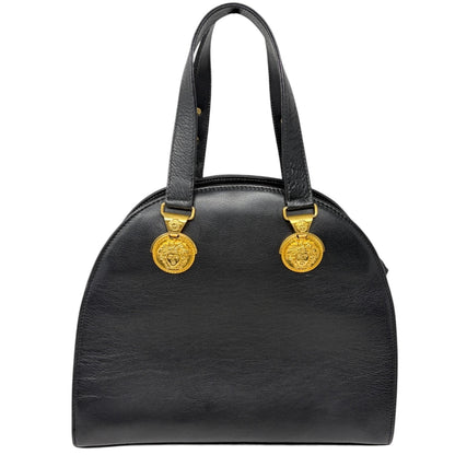 GIANNI VERSACE Vintage Medusa Logo Top Handle Bag Black Gold Leather Zip 902957