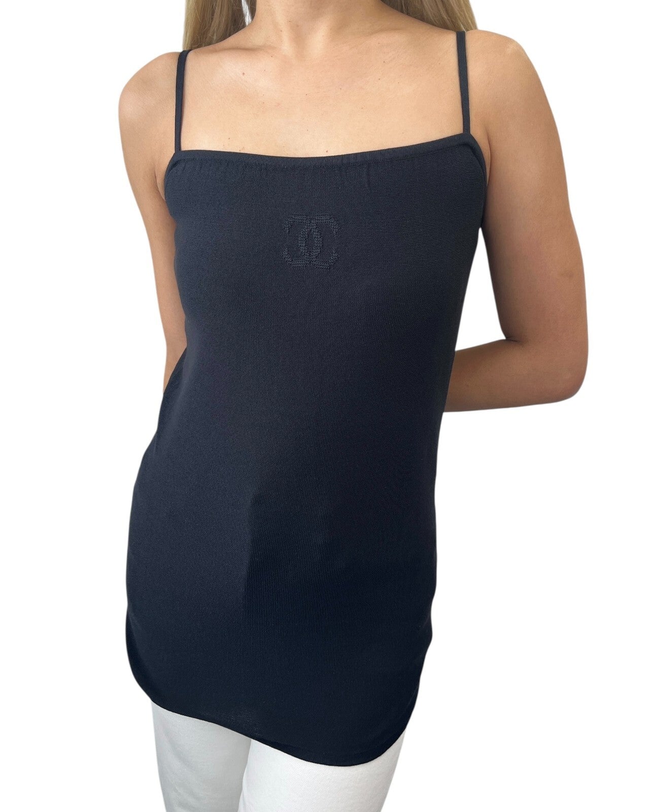 CHANEL Vintage 98P CC Logo Knit Camisole Tunic #38 Top Sleeveless Black Silk