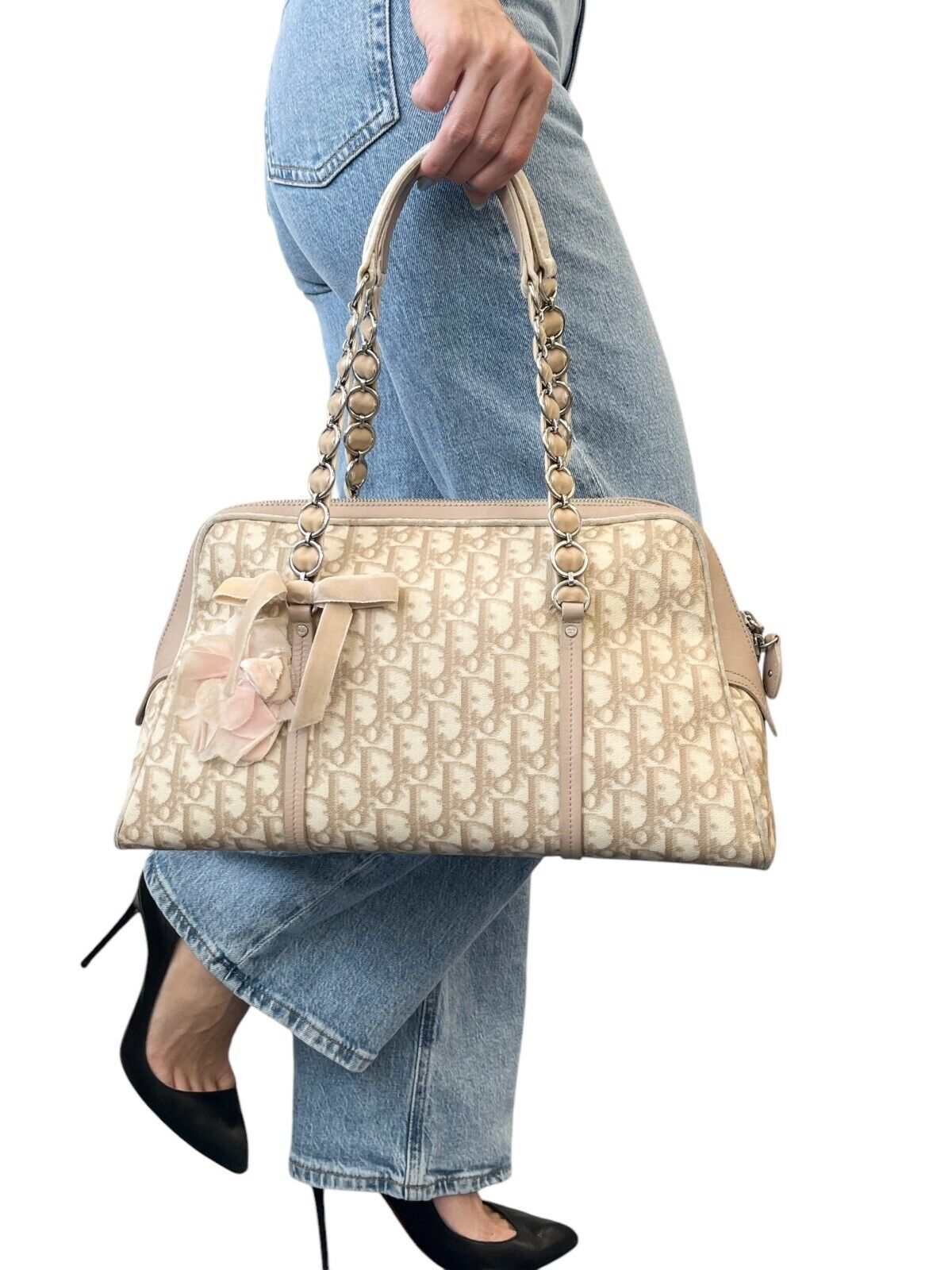 Christian Dior Vintage 2005 Romantique Trotter Monogram Shoulder Bag Cream