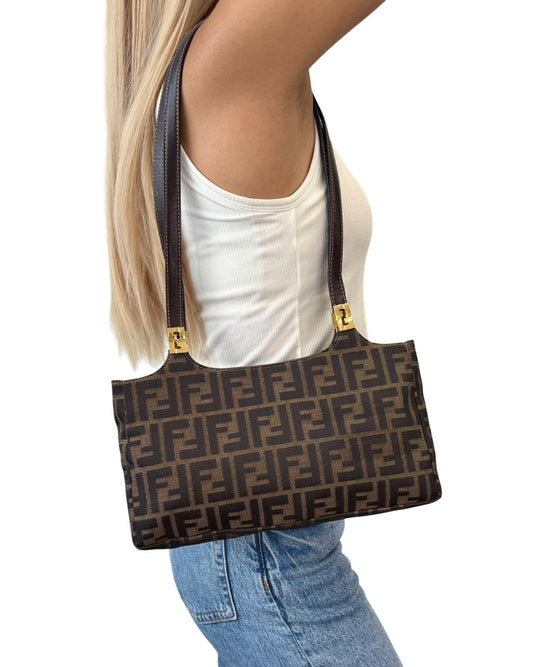 FENDI Vintage FF Zucca Monogram Canvas Shoulder Bag Brown Gold Leather 902063