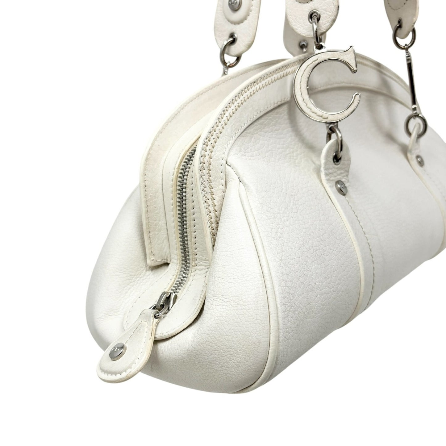 Christian Dior Vintage 2005 CD Logo Stitch Handbag White Silver Leather Rank AB