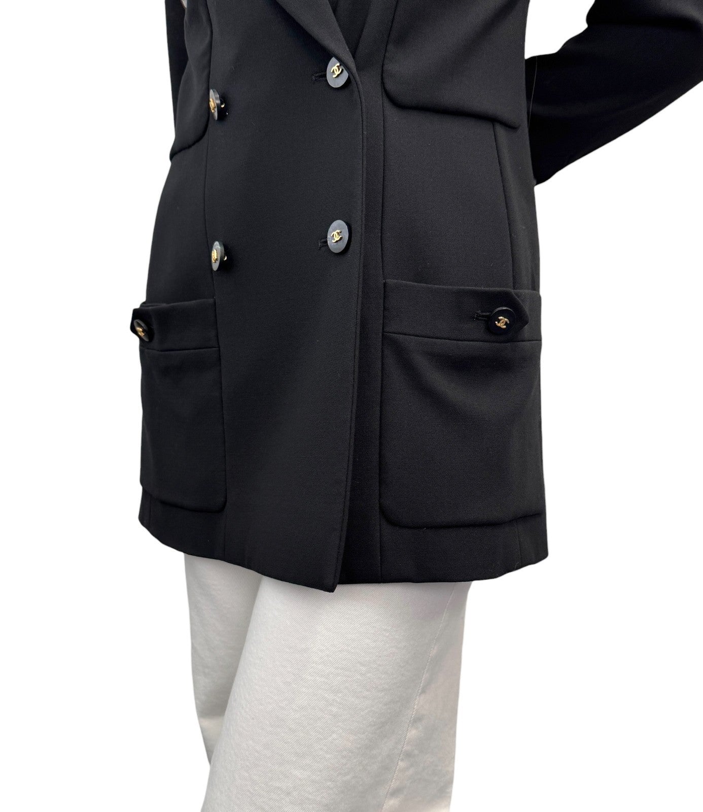 CHANEL Vintage 97C CC Logo Button Blazer Jacket #36 Black Gold Wool