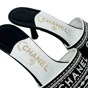 CHANEL Vintage Jacquard Logo Sandals #36 US6 Black Linen Embroidery Rank AB