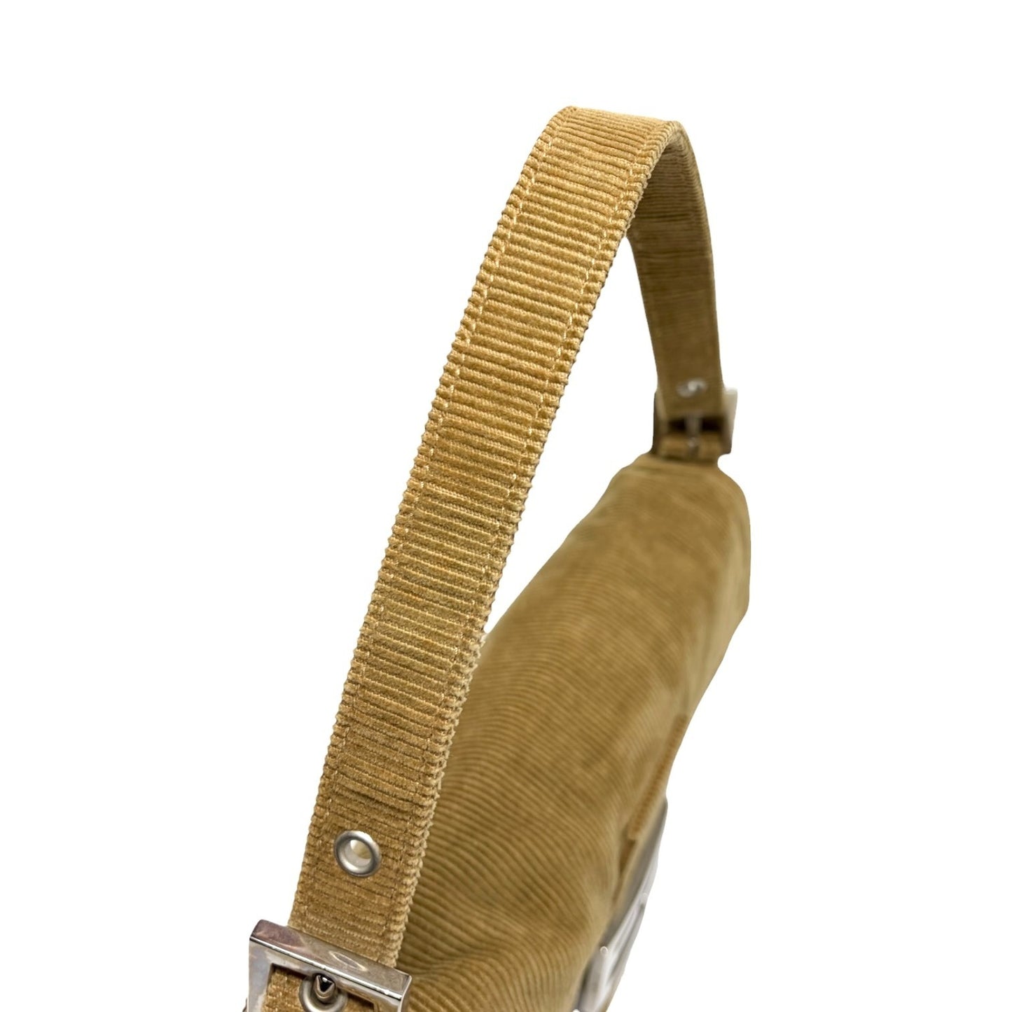 FENDI Vintage FF Logo Mamma Baguette Corduroy Shoulder Bag Beige Silver