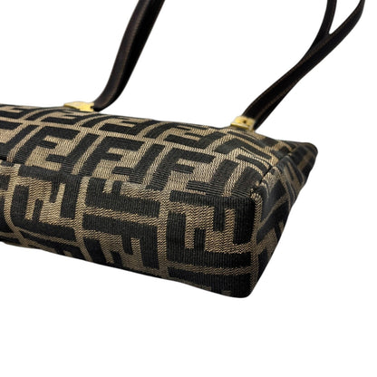 FENDI Vintage FF Zucca Monogram Canvas Shoulder Bag Brown Gold Leather 902063