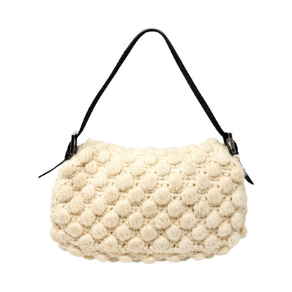 FENDI Vintage FF Logo Wool Knit Mamma Baguette Shoulder Bag Cream Brown 902054