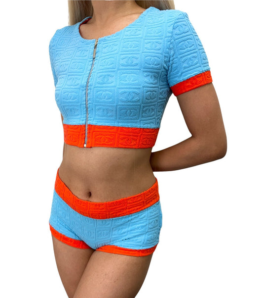 CHANEL Vintage 02S Terry Cloth Zip Top Short Pants Set #38 Blue Orange 902837