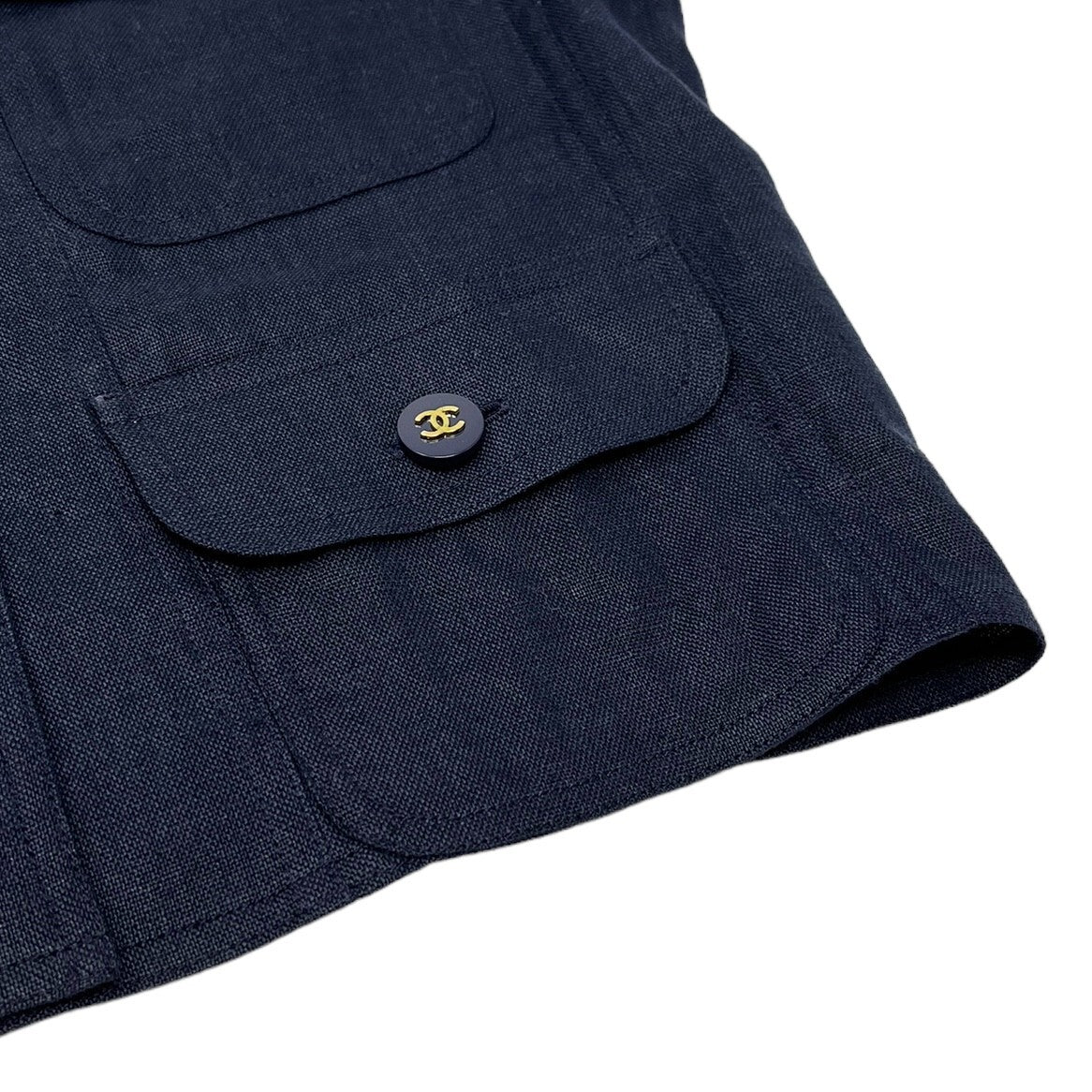 CHANEL Vintage CC Mark Button Linen Jacket Skirt Set #40 Dark Blue Rank AB+