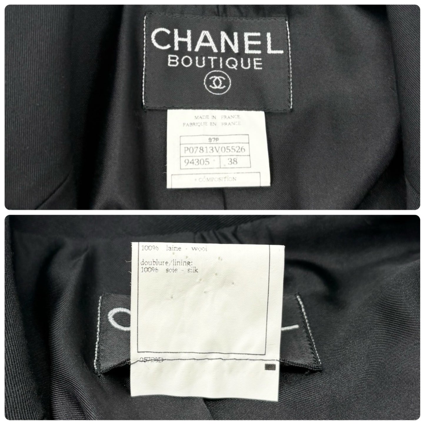 CHANEL Vintage 97P CC Logo Button Cropped Jacket #38 Black Gold Pockets 901921