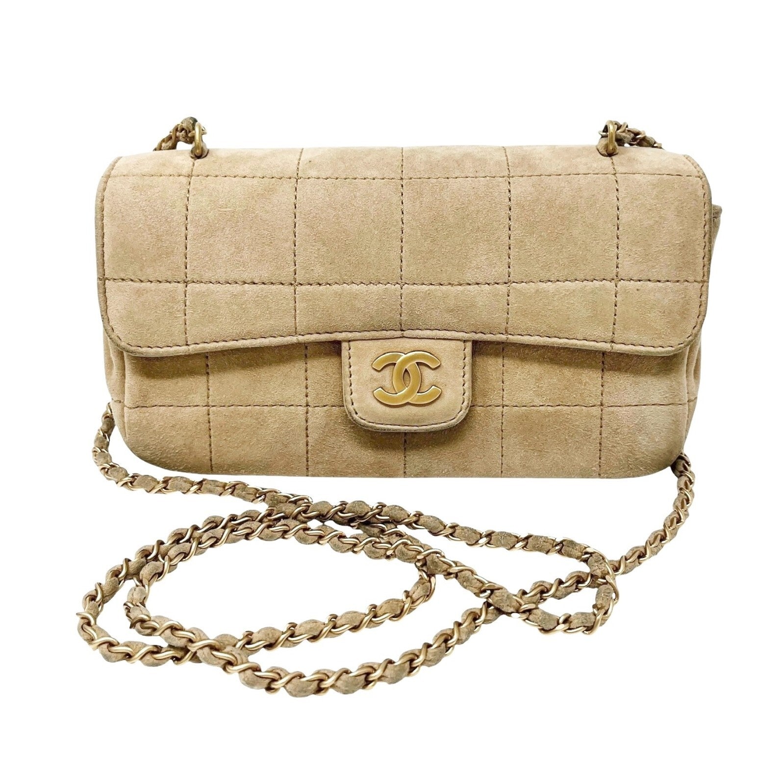 CHANEL Vintage CC Logo Chocolate Bar Crossbody Bag Chain Beige Gold Suede