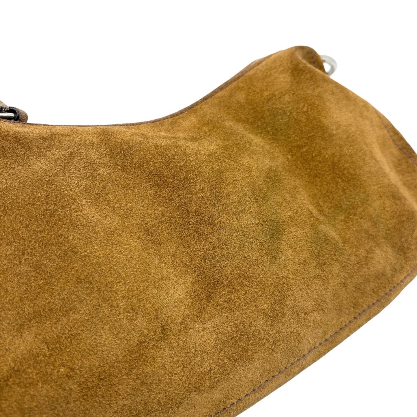 PRADA Triangle Logo Shoulder Hobo Suede Bag Brown Silver Leather Zip 902299