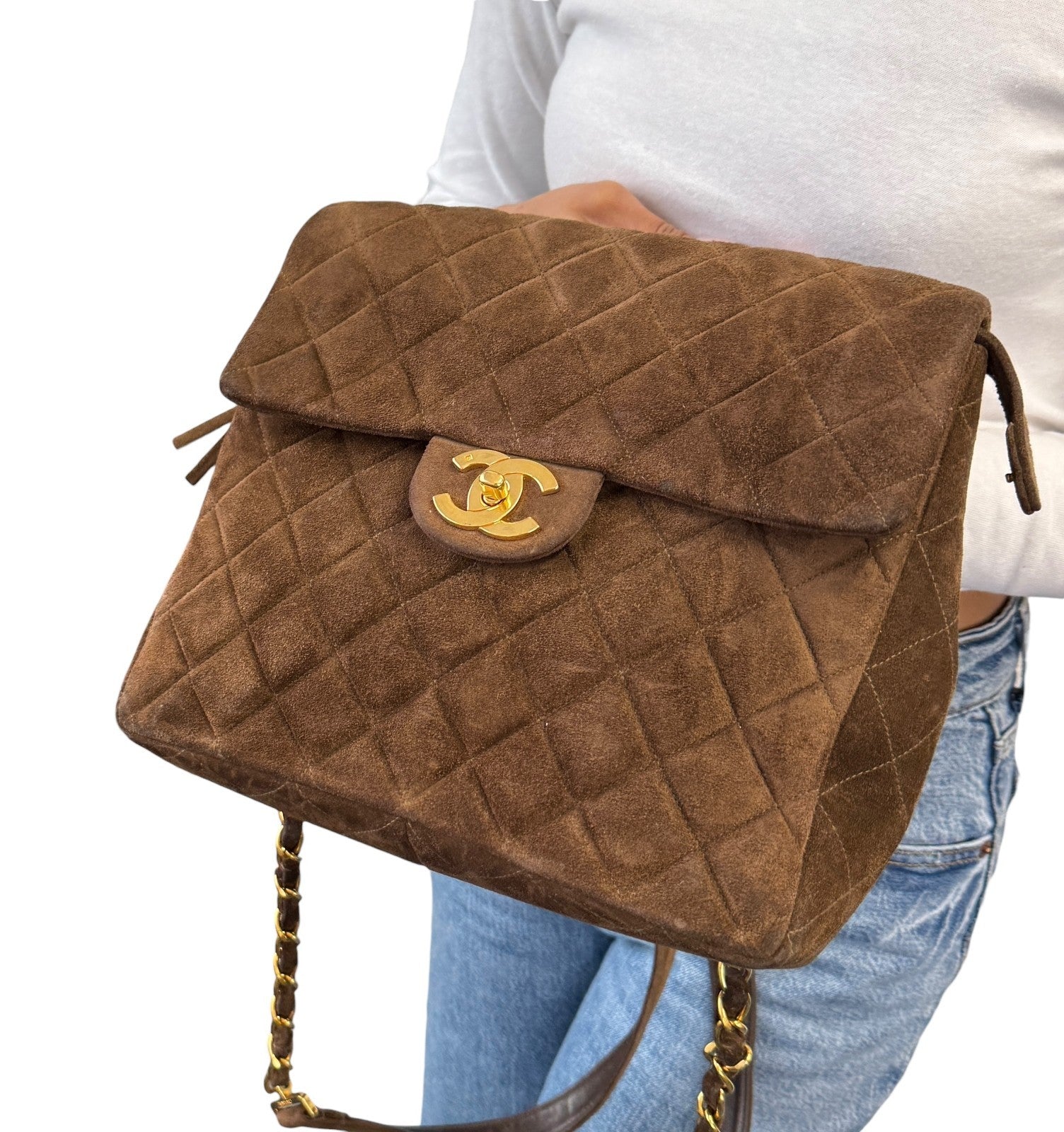 CHANEL Vintage CC Logo Suede Matelasse Backpack Bag Turn Rock Brown Gold