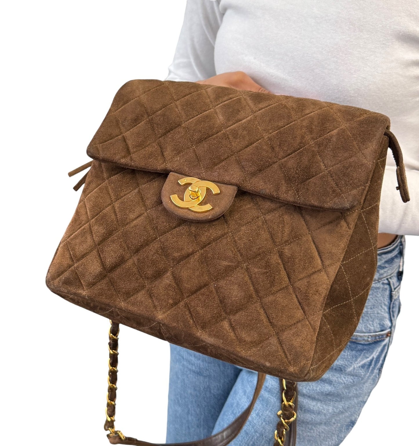 CHANEL Vintage CC Logo Suede Matelasse Backpack Bag Turn Rock Brown Gold