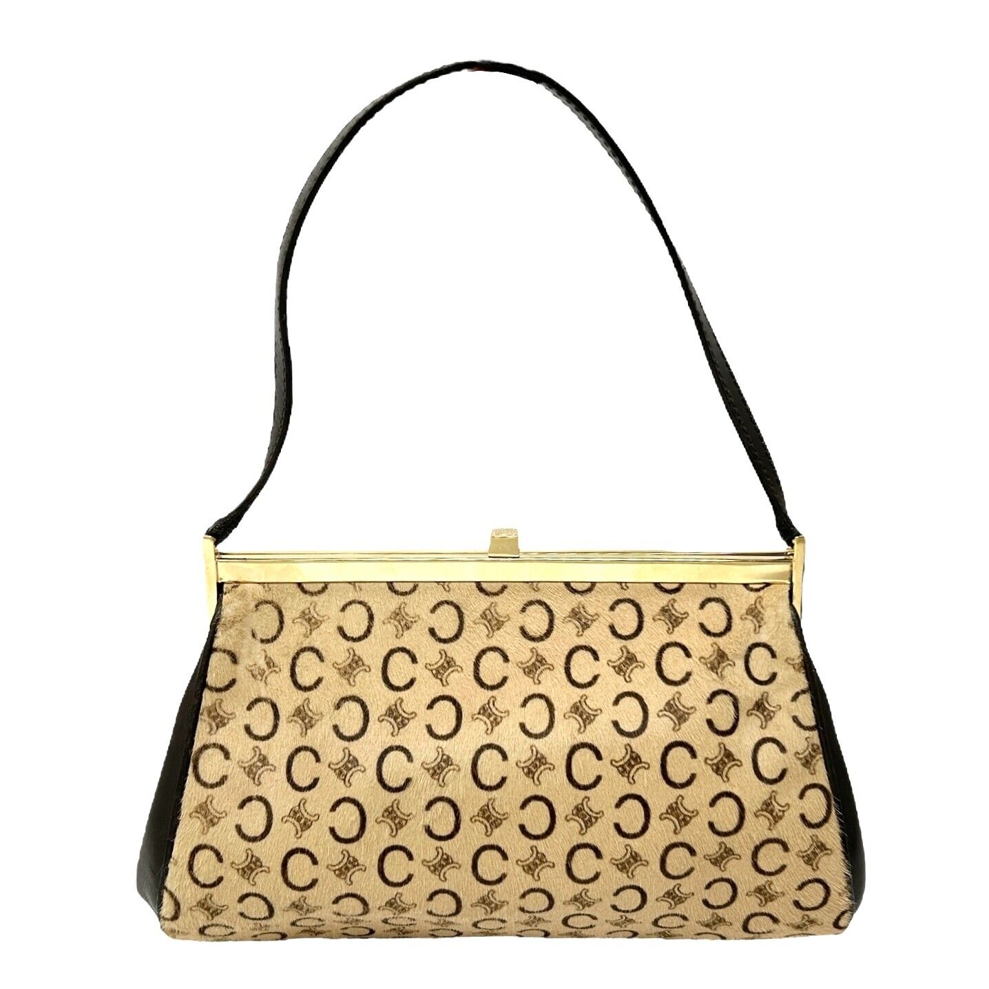 CELINE Vintage Macadam Monogram Logo Shoulder Bag Beige Brown Calf Hair Leather