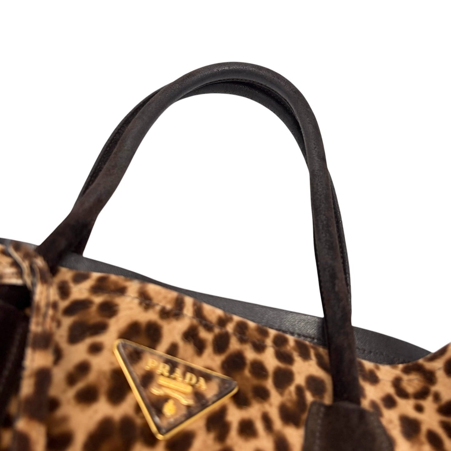 PRADA Vintage Triangle Logo Leopard Tote Bag Brown Black Pony Calf Hair 902452