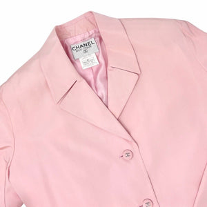 CHANEL Vintage 96P CC Logo Trench Coat Jacket #38 Pink Silver Silk Button