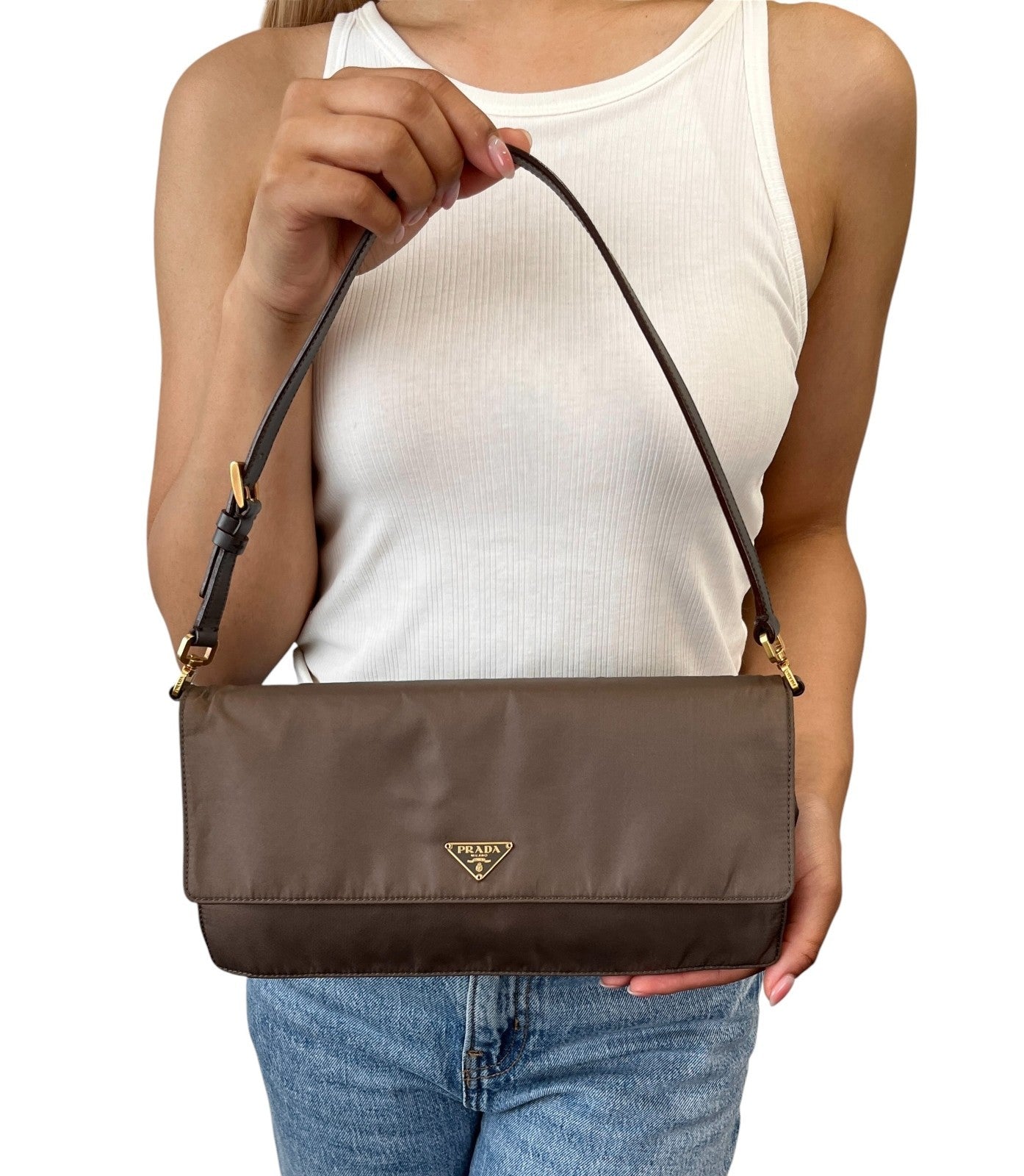 PRADA Vintage Triangle Logo Tessuto Shoulder Bag Khaki Gold Nylon 106543