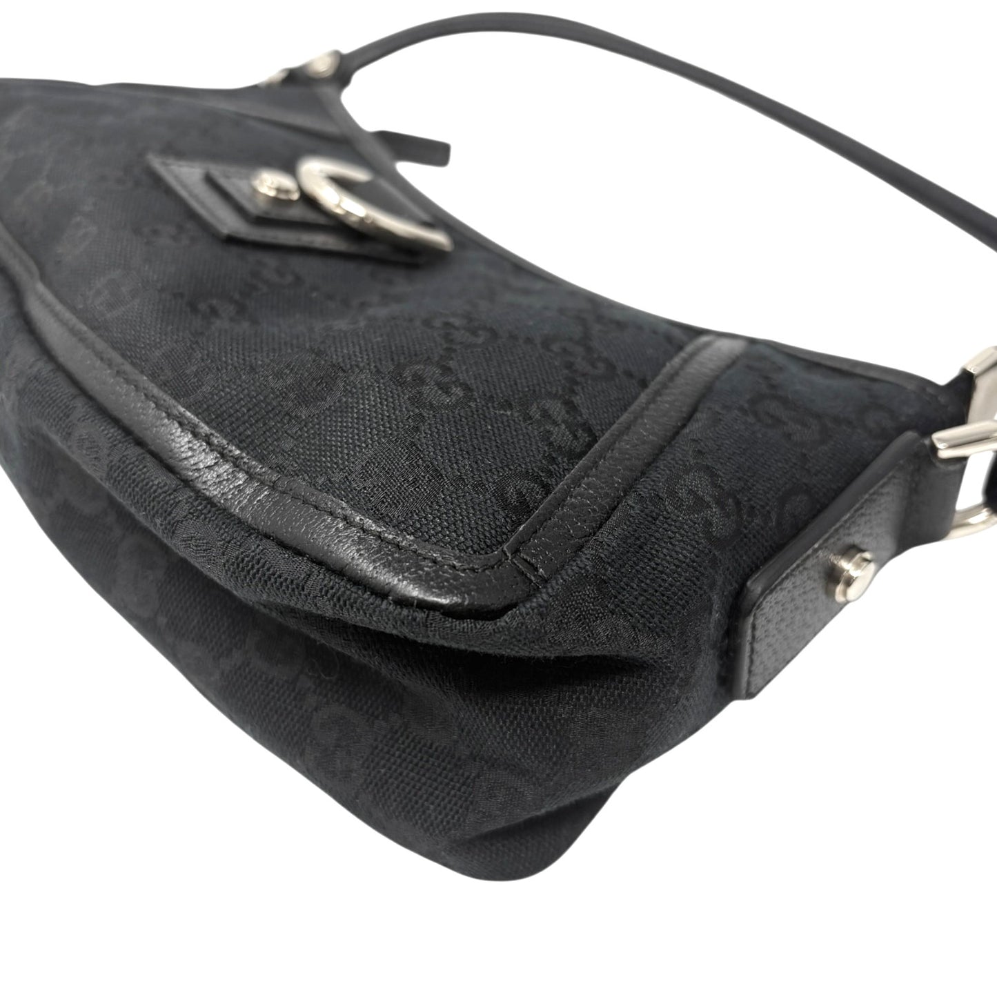 GUCCI Vintage GG Monogram Abbey Canvas Shoulder Bag Dark Blue Black Gold