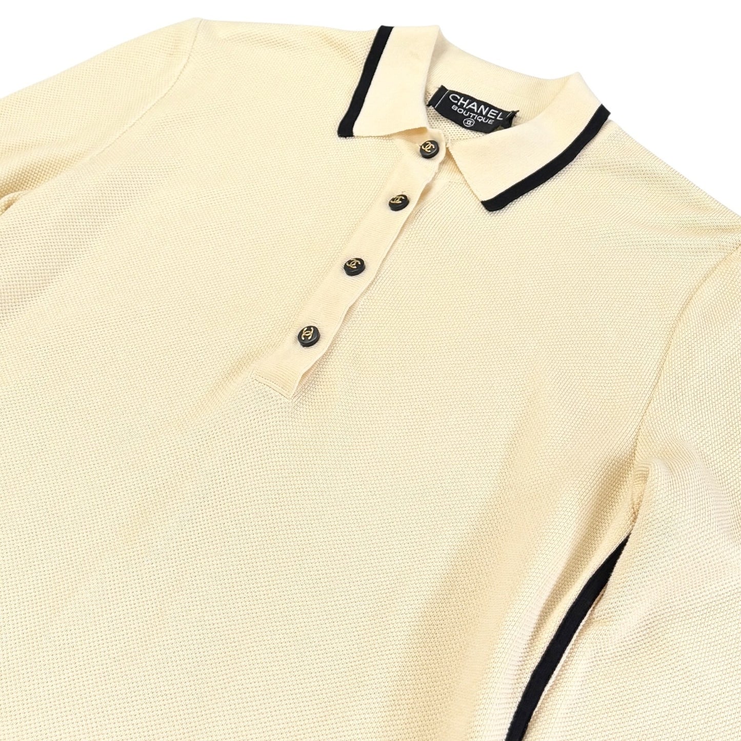 CHANEL Vintage CC Logo Polo Bicolor Dress One-piece Cream Black Cotton Button