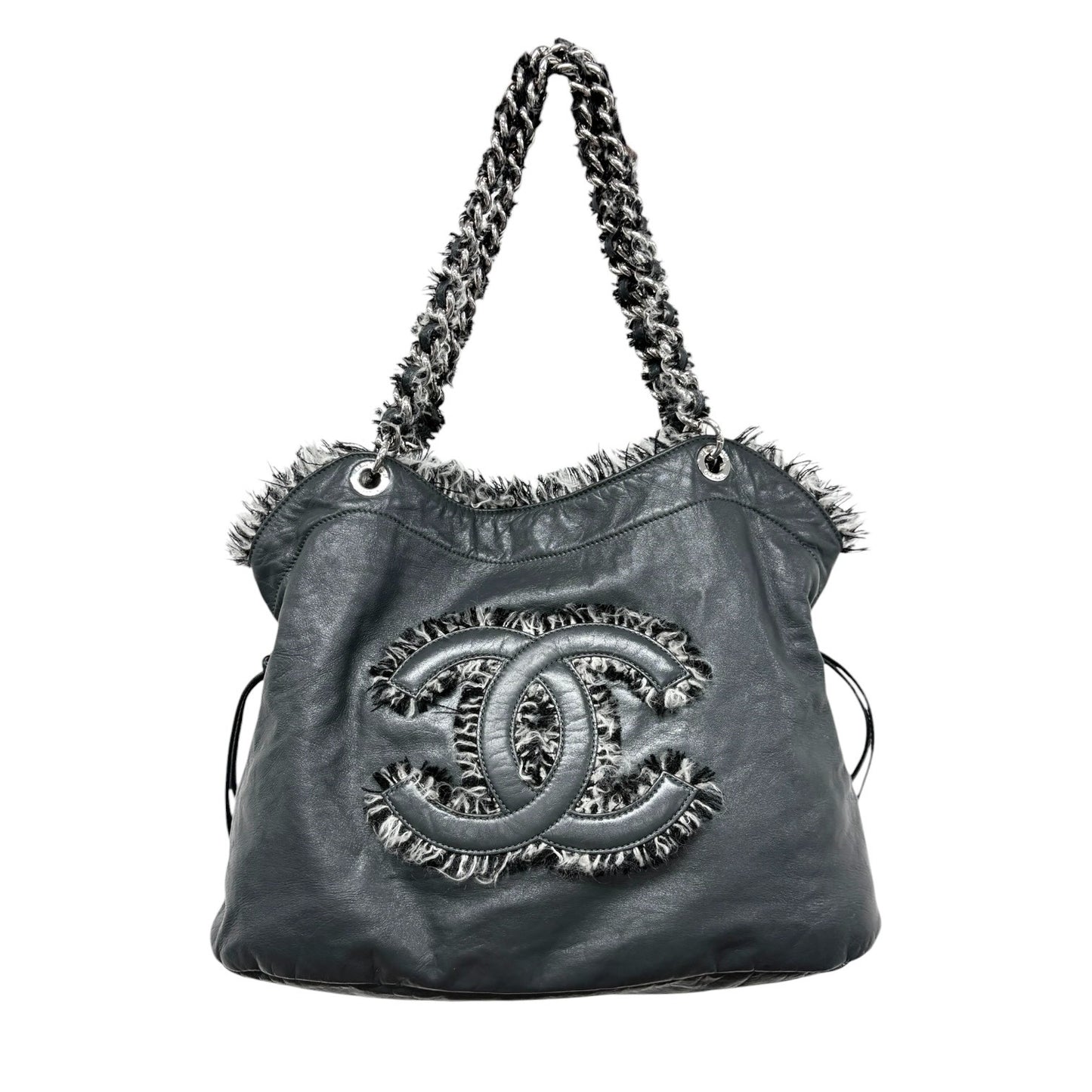 CHANEL Vintage CC Big Logo Funny Tweed Bon Bon Lambskin Shoulder Bag Gray Chain