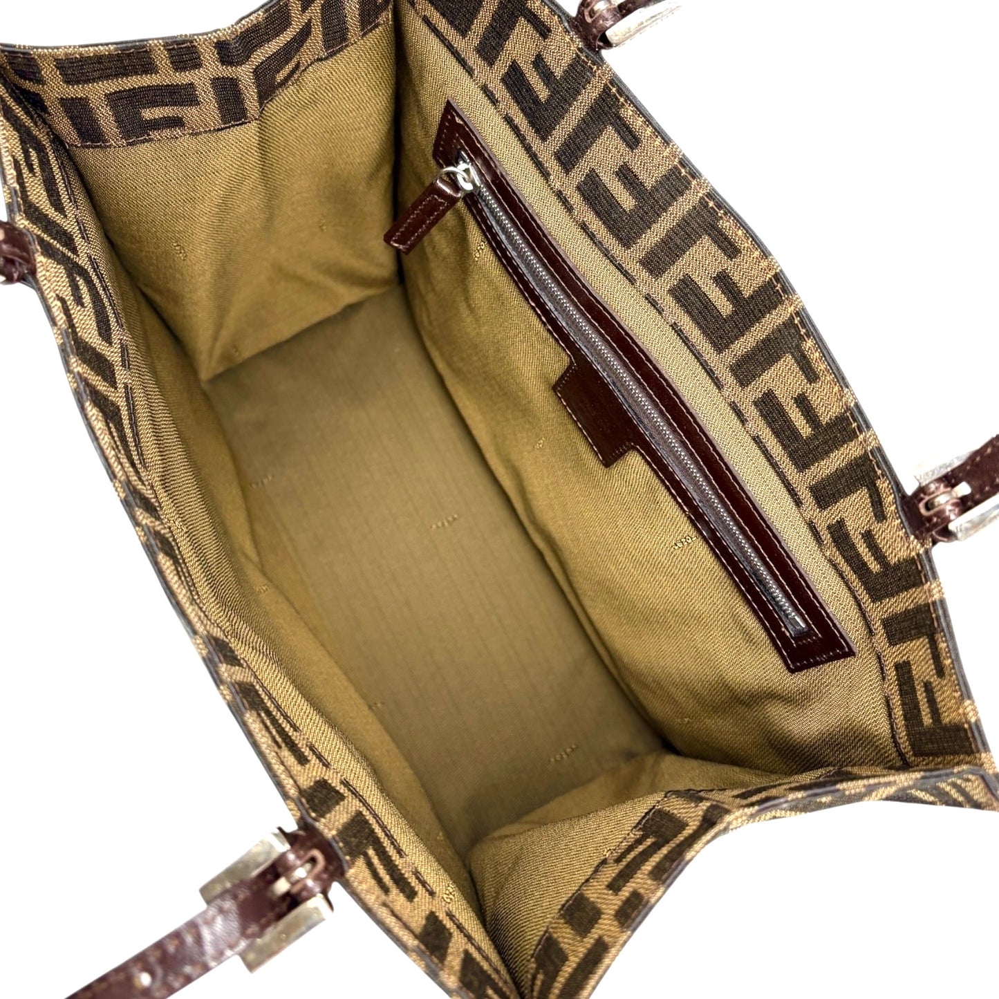 Fendi Vintage Zucca Canvas Tote Shoulder Bag Brown FF Logo Monogram Leather