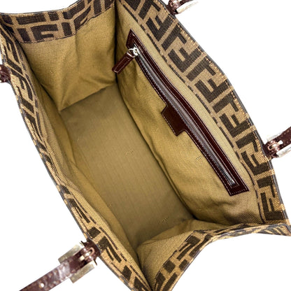 Fendi Vintage Zucca Canvas Tote Shoulder Bag Brown FF Logo Monogram Leather