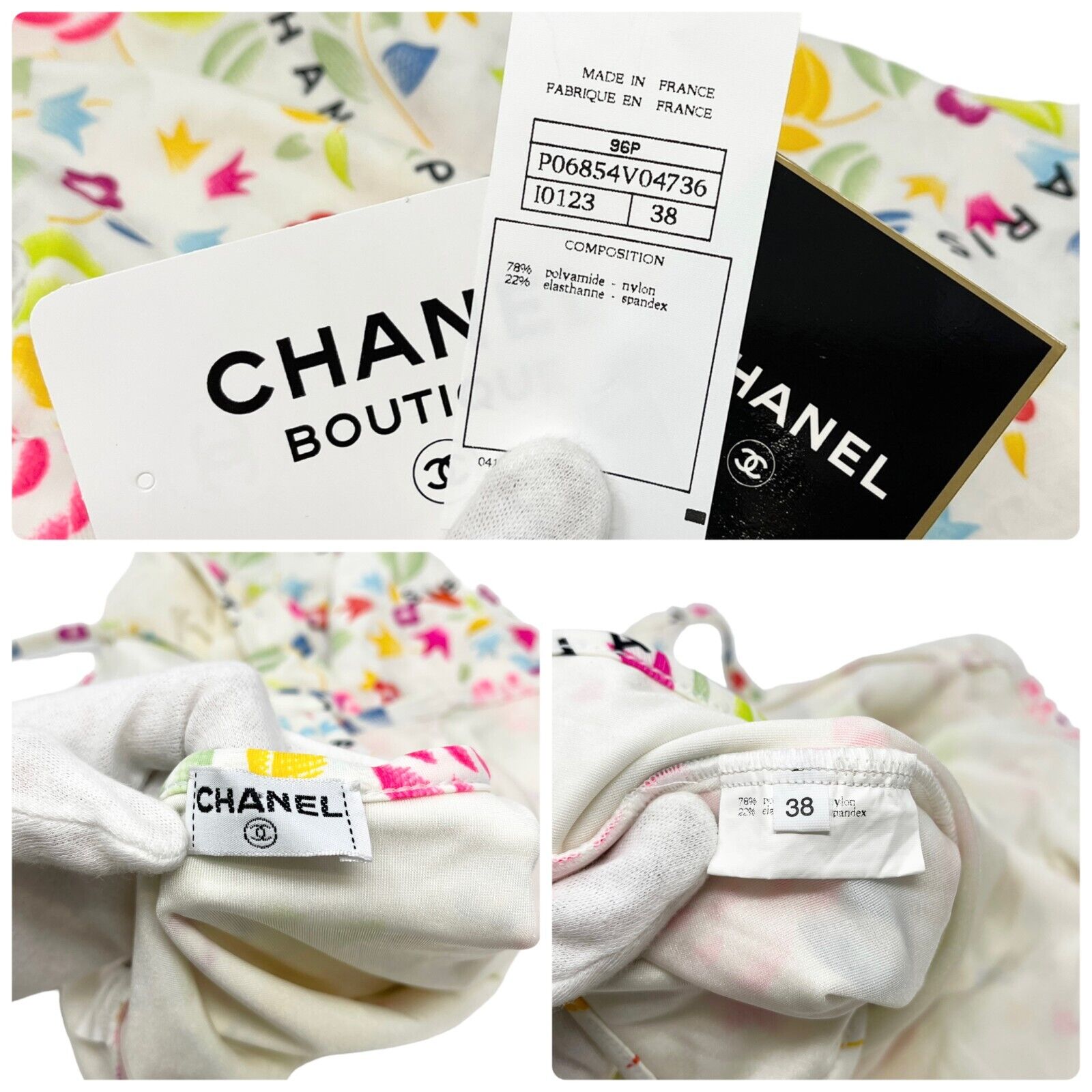 CHANEL Vintage 96P CC Logo Swimwear Swimsuit #38 Multicolor White Nylon RankAB+