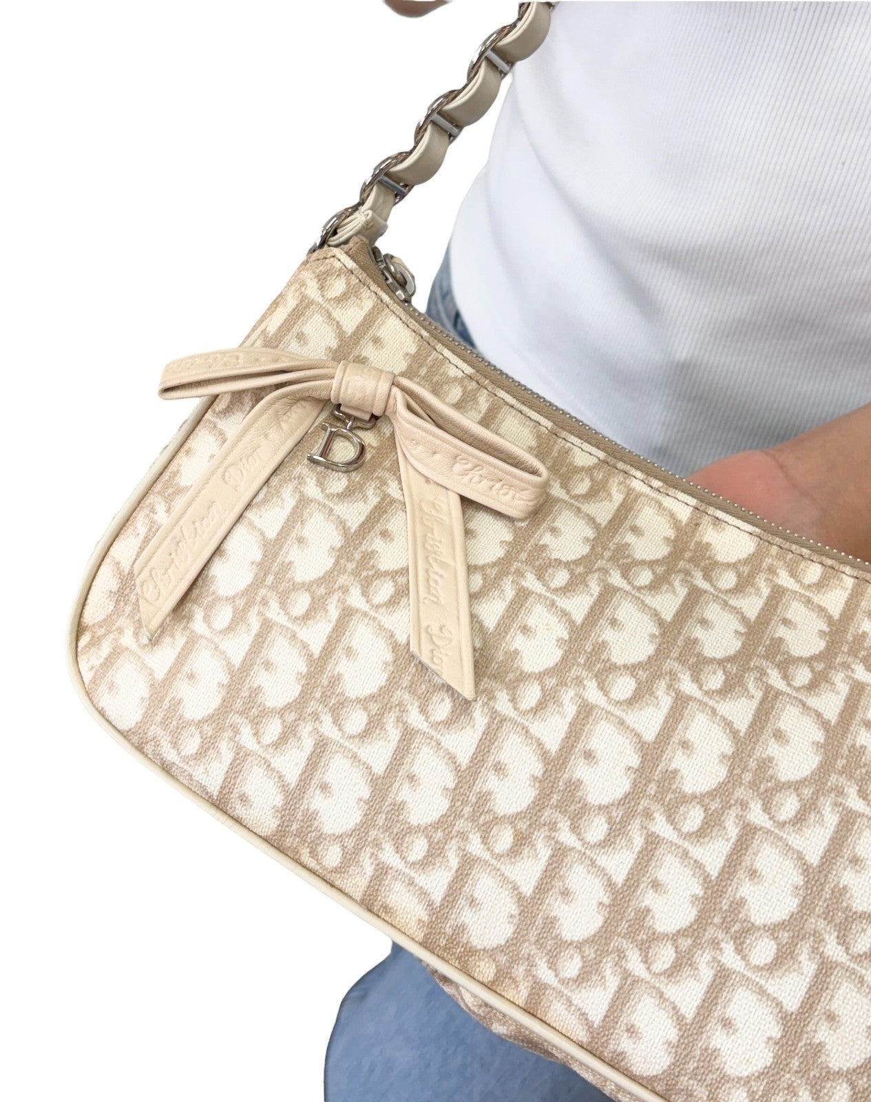 Christian Dior Vintage 2007 Romantique Trotter Monogram Bag Ribbon Beige 901856