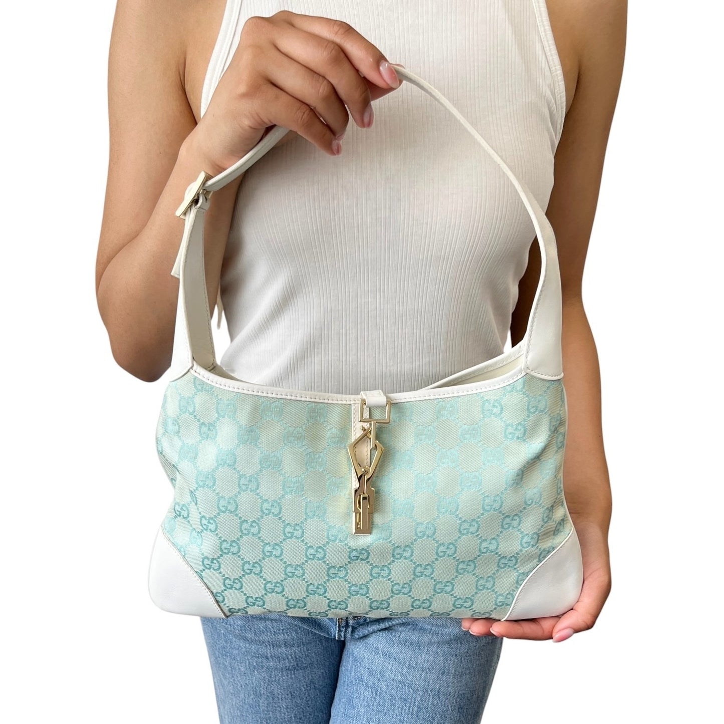 GUCCI Vintage Jackie GG Monogram Shoulder Bag Light Blue White Canvas 106547
