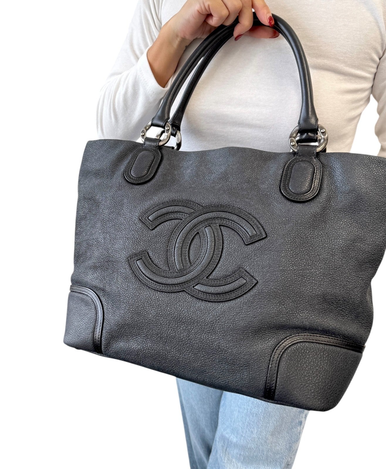CHANEL Vintage Calfskin Leather Tote Shoulder Bag Black Distressed CC Stitch