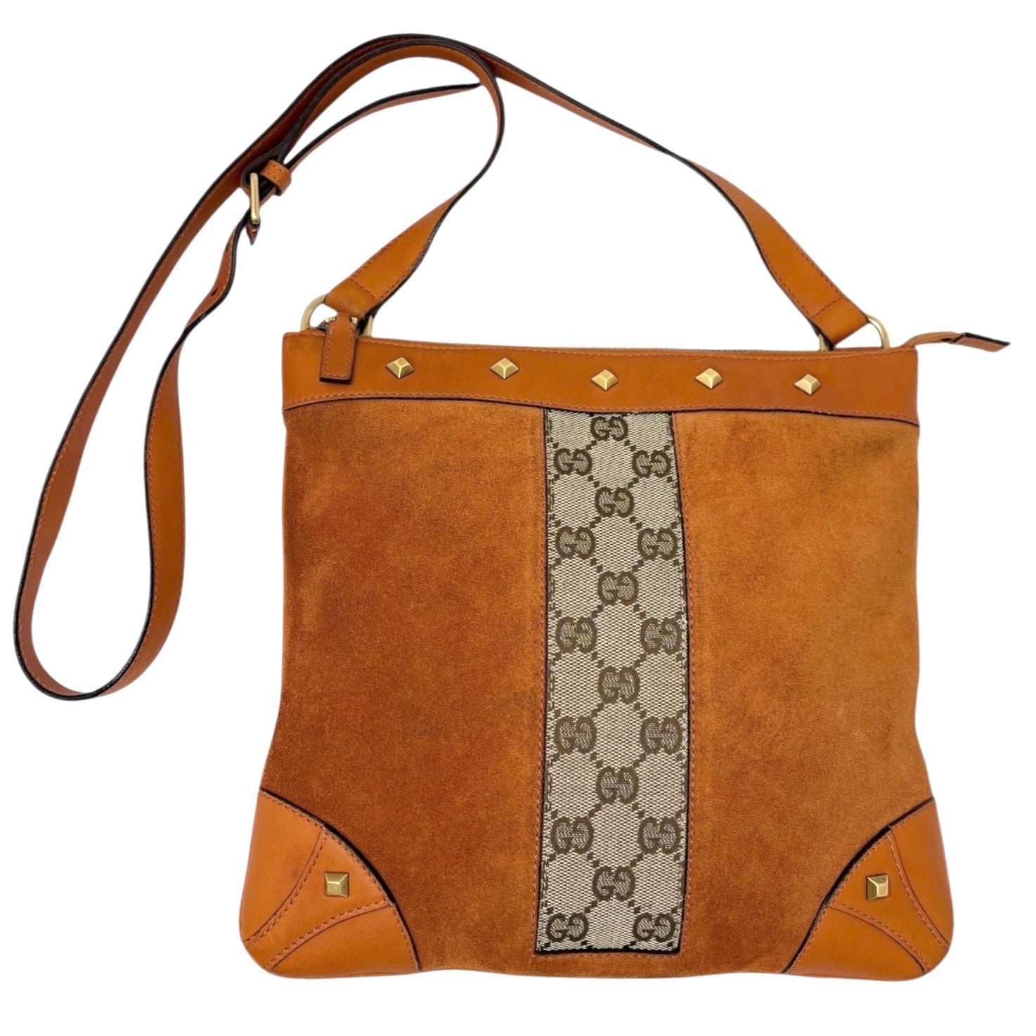 GUCCI Vintage GG Monogram Crossbody Bag Orange Suede Canvas Leather Nailhead
