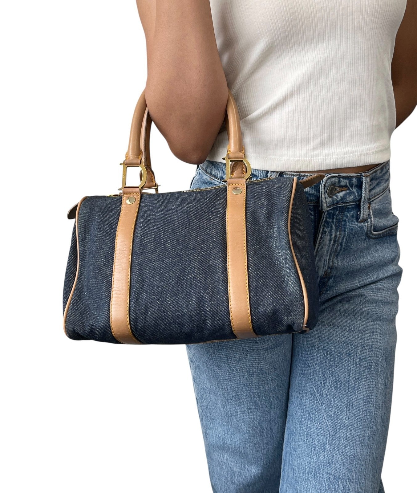 Christian Dior Vintag 2002 D Charm Denim Mini Boston Bag Blue Beige Gold