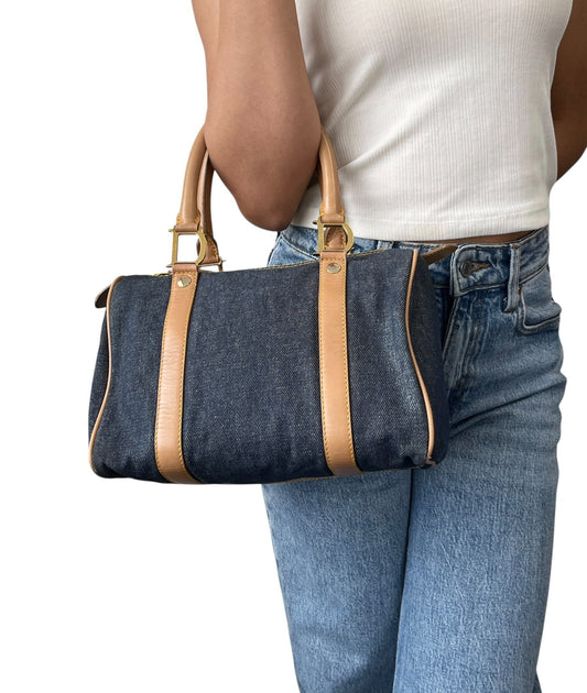 Christian Dior Vintag 2002 D Charm Denim Mini Boston Bag Blue Beige Gold