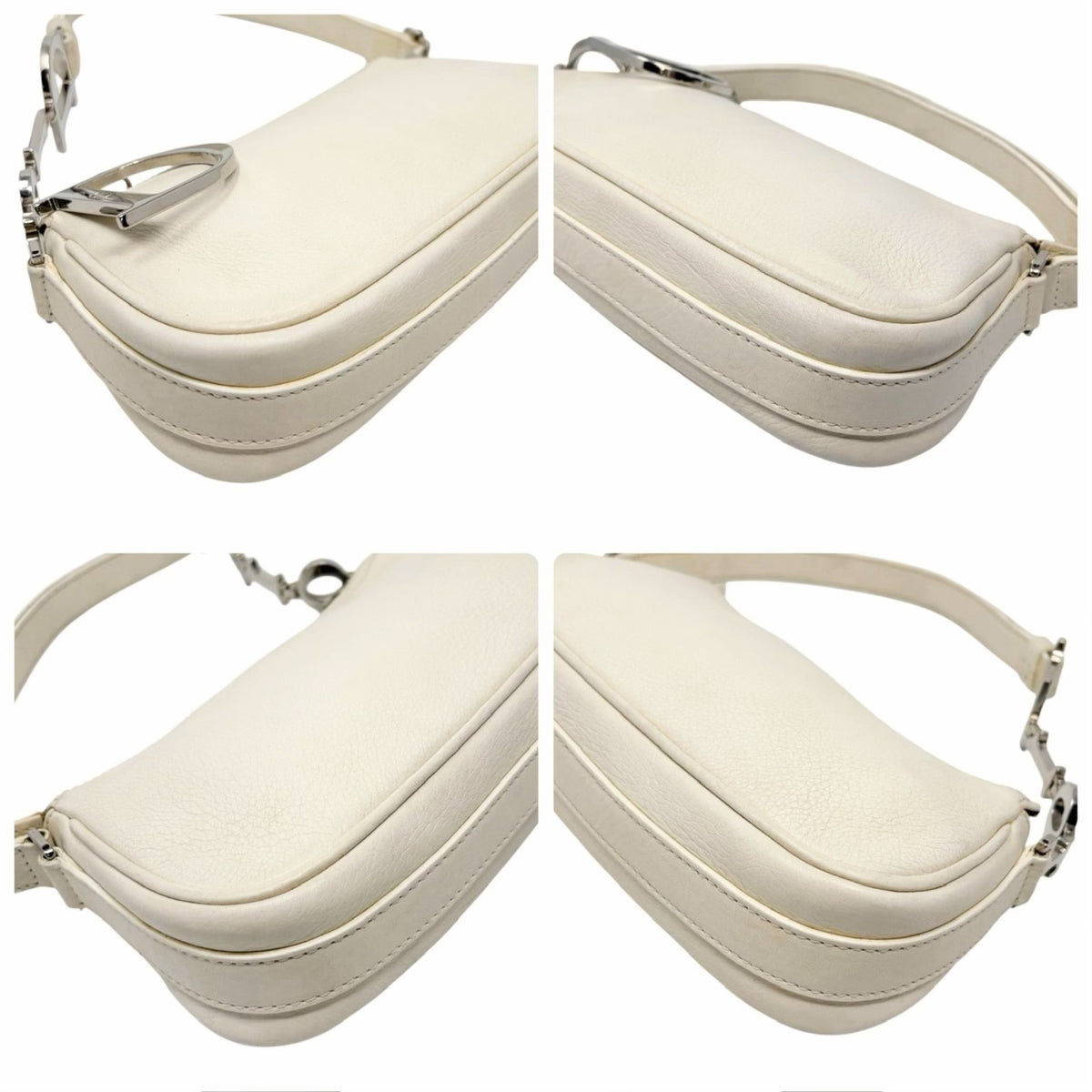 Christian Dior Vintage Logo D Charm Shoulder Bag White Silver Leather 902377